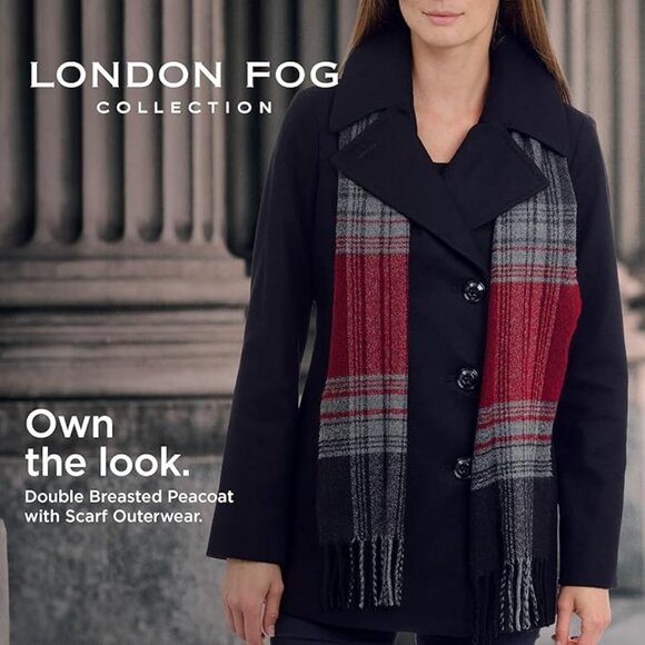 LONDON FOG Womens Double Breasted Peacoat with Scarf Black Size Medium NEW - Picture 3 of 11